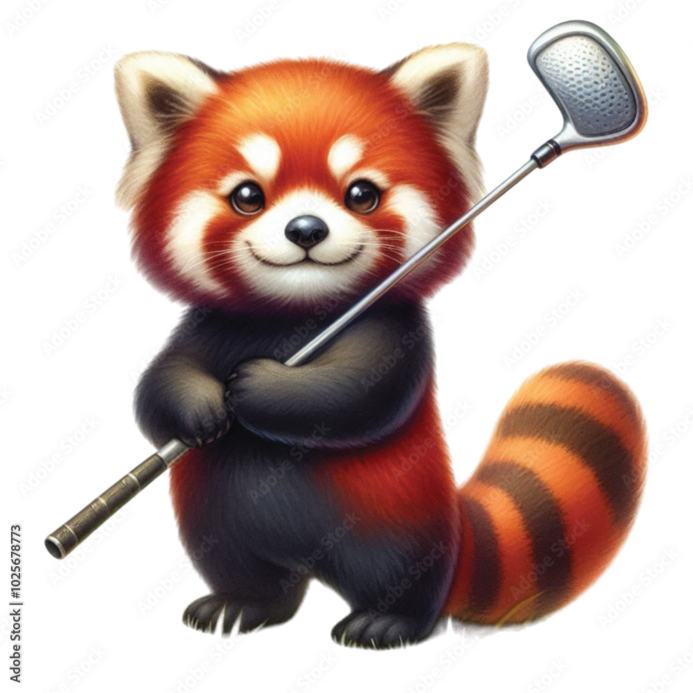Obraz premium Red panda holding a golf club clipart watercolor