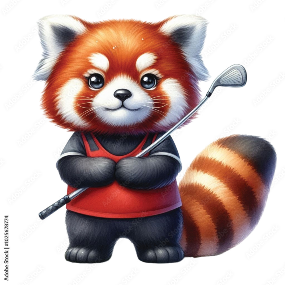 Obraz premium Red panda holding a golf club clipart watercolor