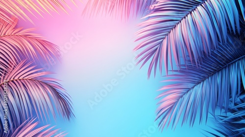 A blue and pink background with a palm tree in the foreground