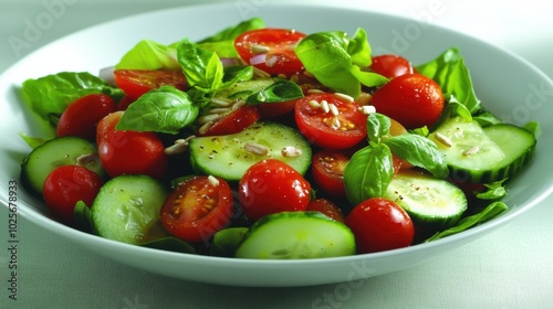 A fresh salad featuring cherry tomatoes, cucumber, basil, and lettuce in a bowl.