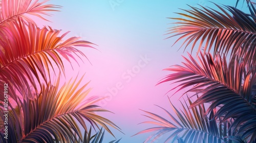 A tropical scene with a pink and blue background and palm trees