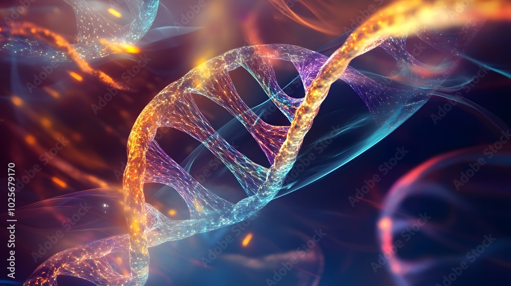 12. A shimmering hologram depicting human DNA strands swirling in space 12. A shimmering hologram depicting human DNA strands swirling in space