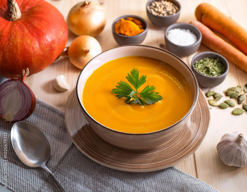 Homemade pumpkin soup with fresh ingredients on wooden table Homemade pumpkin soup with fresh ingredients on wooden table