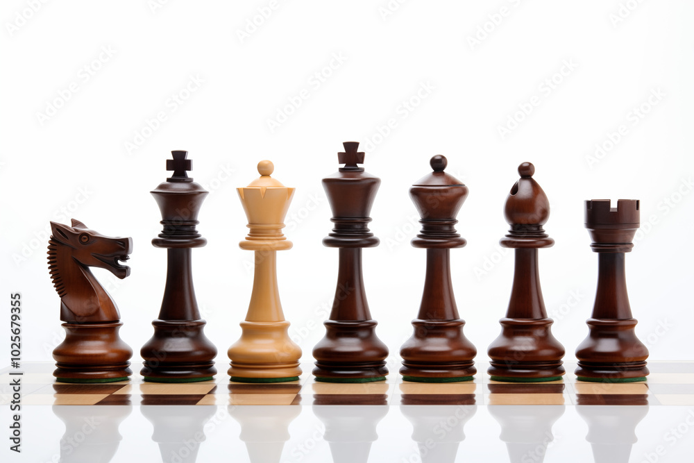 a classic wooden chess set, with pieces intricately carved, displayed on a smooth white background,featuring detailed designs on each piece, the king and queen pieces in a sleek, modern style