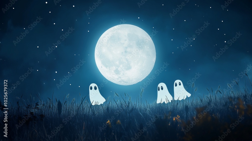 An empty scene featuring silhouettes of playful ghosts with whimsical expressions hovering in the night sky against a full moon, 