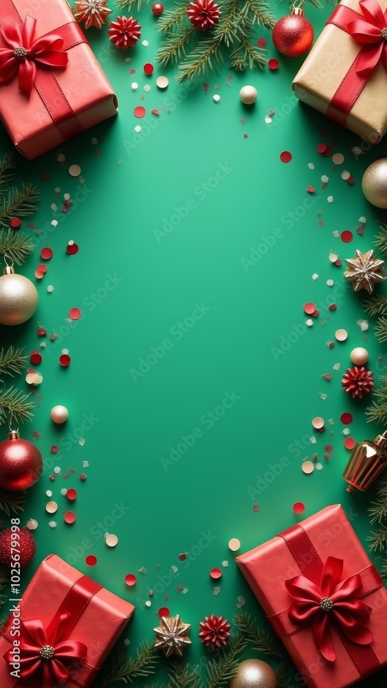Festive display of beautifully wrapped Christmas gifts surrounded by shimmering ornaments and vibrant greenery Festive display of beautifully wrapped Christmas gifts surrounded by shimmering ornaments and vibrant greenery