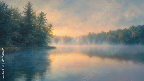 Misty Lake at Dawn with Soft Light