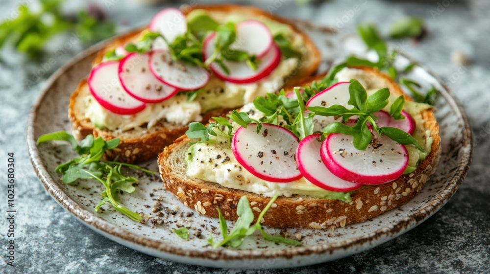 A plate of open-faced sandwiches topped with cream cheese, radishes, and fresh greens. A plate of open-faced sandwiches topped with cream cheese, radishes, and fresh greens.