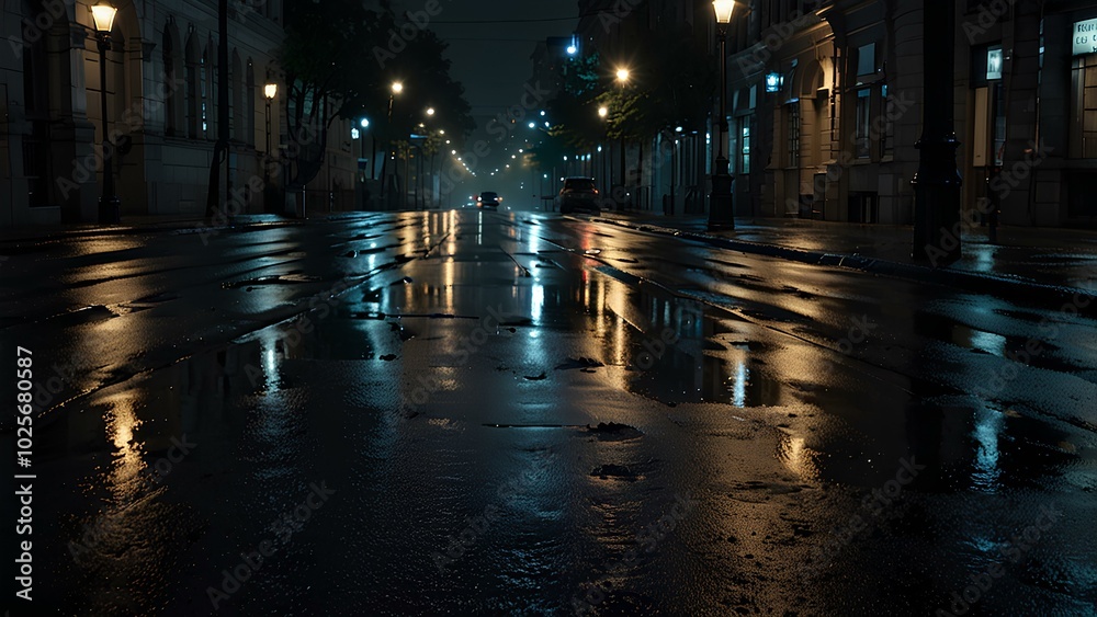 Moody Urban Nightscape: Wet Pavement Reflecting Streetlights on a Quiet City Street Moody Urban Nightscape: Wet Pavement Reflecting Streetlights on a Quiet City Street