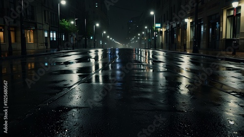 Moody Urban Nightscape: Wet Pavement Reflecting Streetlights on a Quiet City Street photo