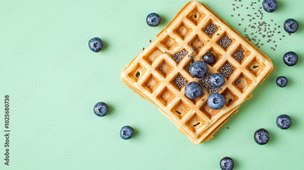 Gluten-free waffles with almond butter, isolated on a soft green background with decorative chia seeds and fresh blueberries