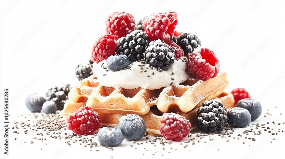 Gluten-free waffles with coconut yogurt and mixed berries, isolated on a white background with decorative coconut flakes and chia seeds Gluten-free waffles with coconut yogurt and mixed berries, isolated on a white background with decorative coconut flakes and chia seeds