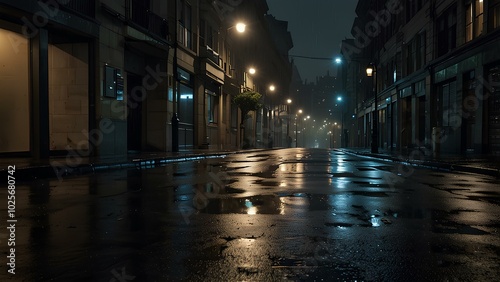 Moody Urban Nightscape: Wet Pavement Reflecting Streetlights on a Quiet City Street photo