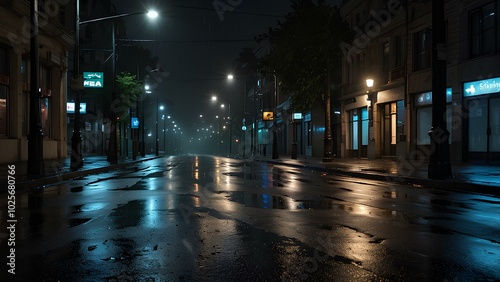 Moody Urban Nightscape: Wet Pavement Reflecting Streetlights on a Quiet City Street photo