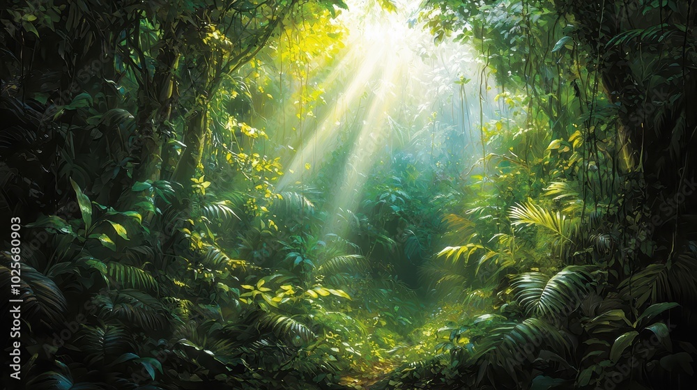 Lush Rainforest with Green Foliage and Vines