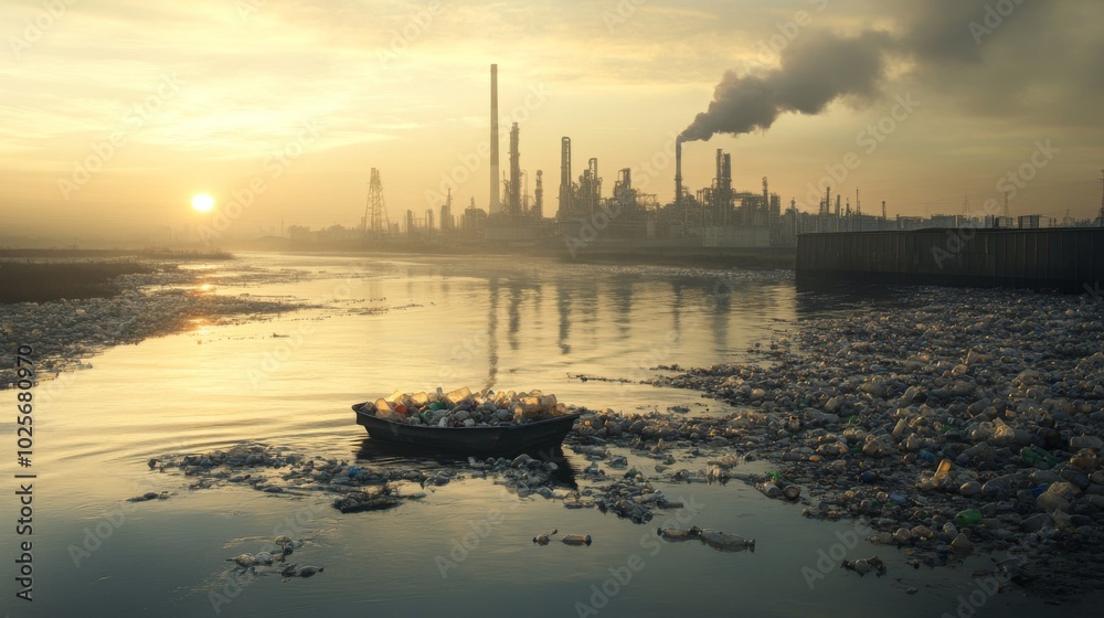 Obraz premium A Boat Filled with Plastic Waste Floating in a Polluted River at Sunset