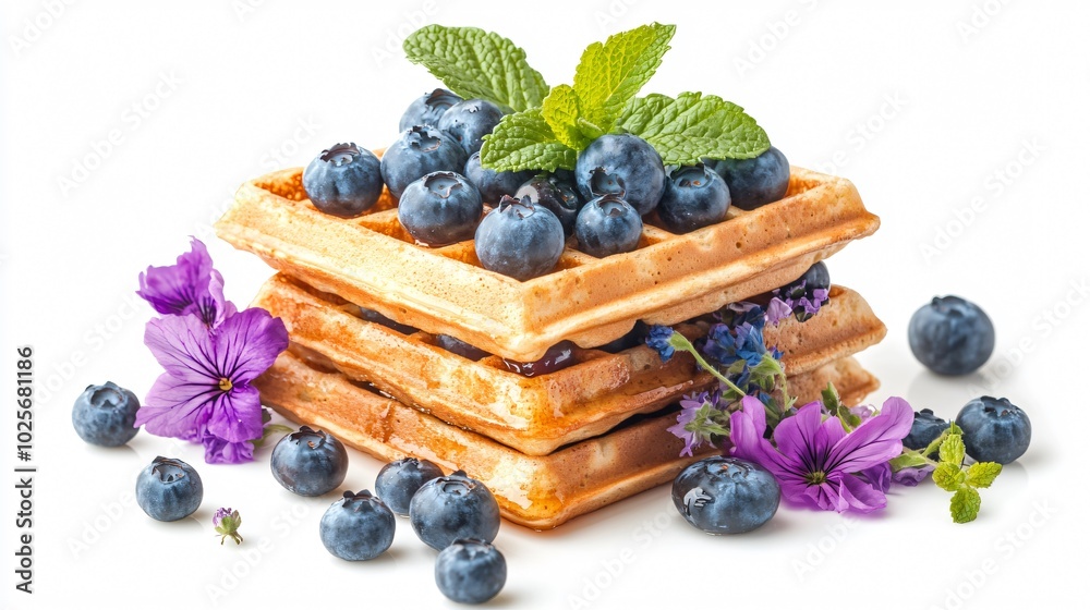 Stack of waffles topped with blueberries and honey, isolated on a white background with decorative mint sprigs and edible flowers Stack of waffles topped with blueberries and honey, isolated on a white background with decorative mint sprigs and edible flowers