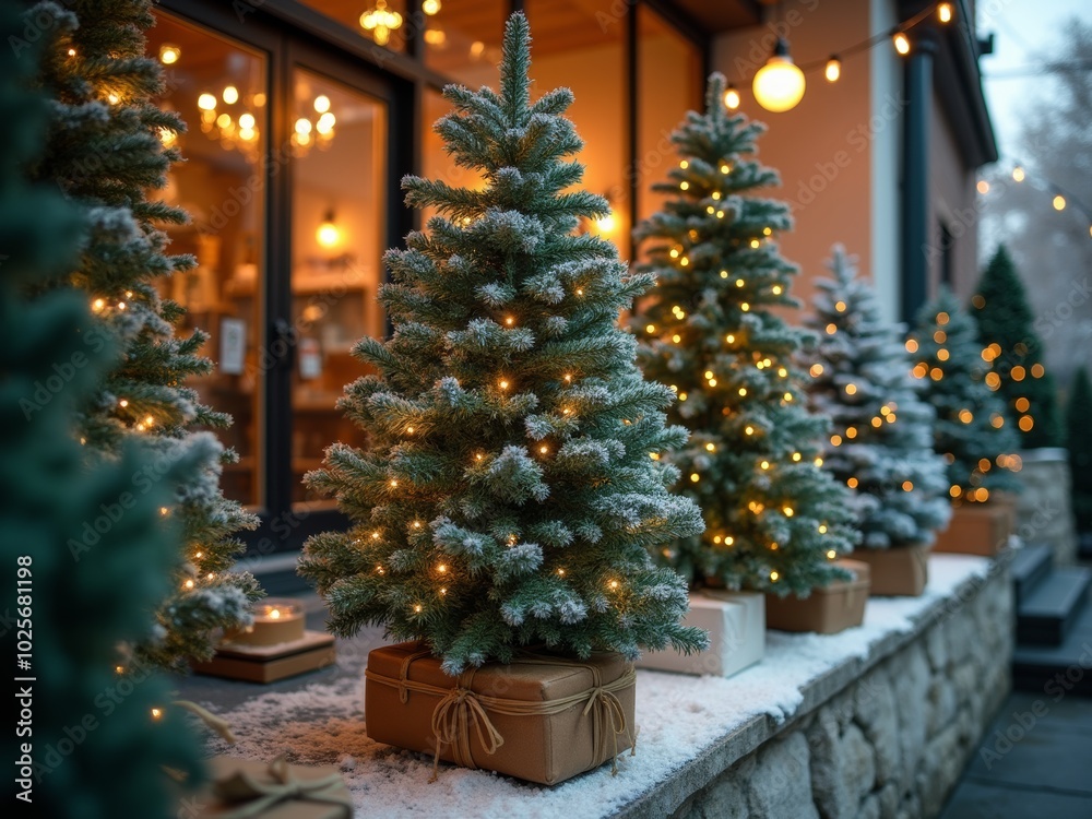 Festive holiday spirit captured in a cozy outdoor setup with snow-dusted trees glowing beside a warm cafe in winter Festive holiday spirit captured in a cozy outdoor setup with snow-dusted trees glowing beside a warm cafe in winter