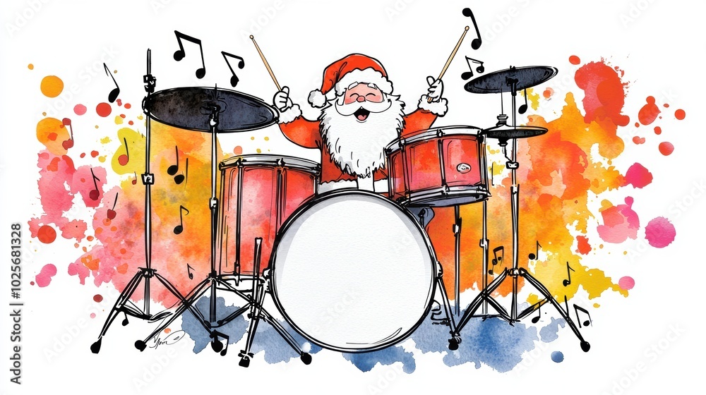 Santa Claus Playing Drum Kit with Festive Background Santa Claus Playing Drum Kit with Festive Background