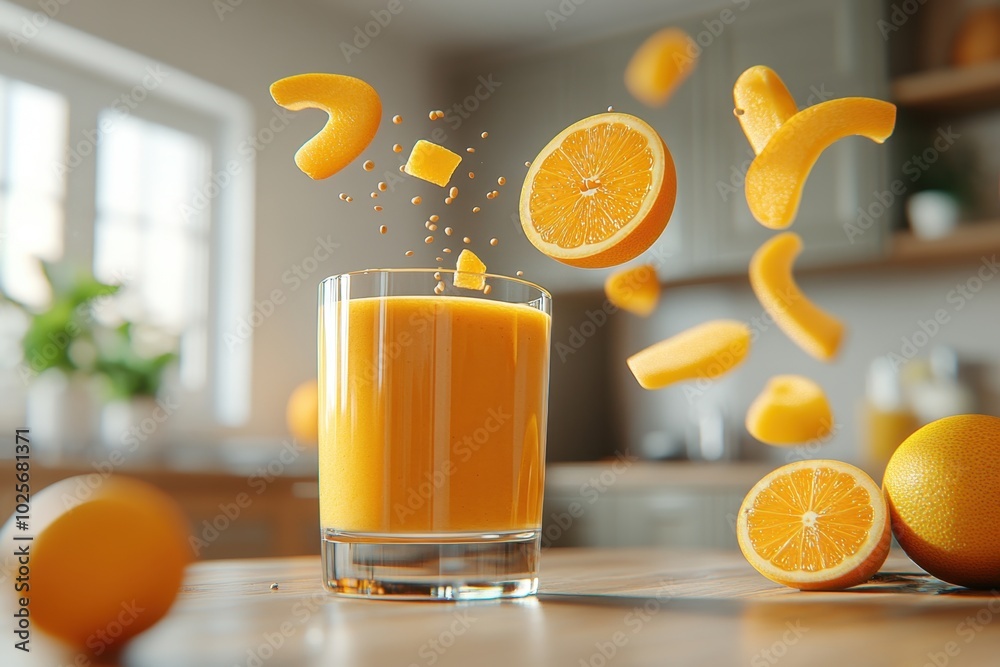 Naklejka premium A refreshing glass of orange juice surrounded by floating orange slices.