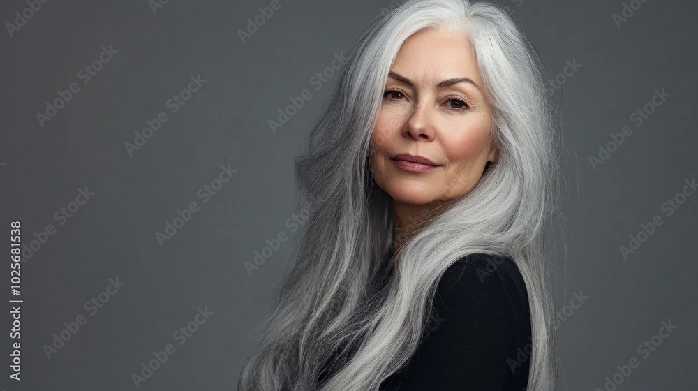 Fototapeta premium A woman with long gray hair is smiling for the camera