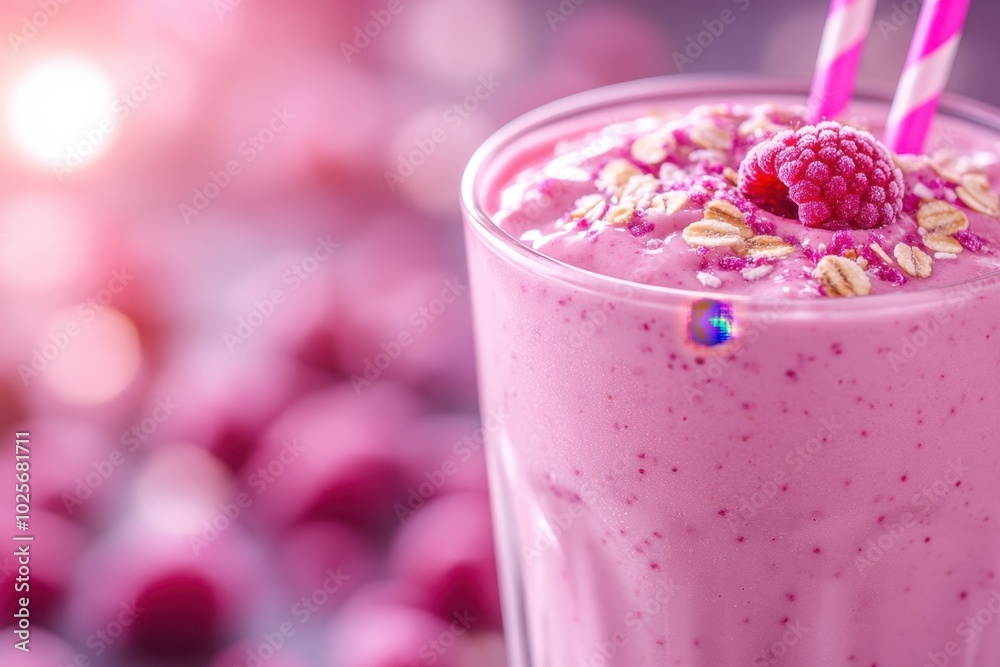 A refreshing pink smoothie topped with raspberries and oats, served in a glass. A refreshing pink smoothie topped with raspberries and oats, served in a glass.