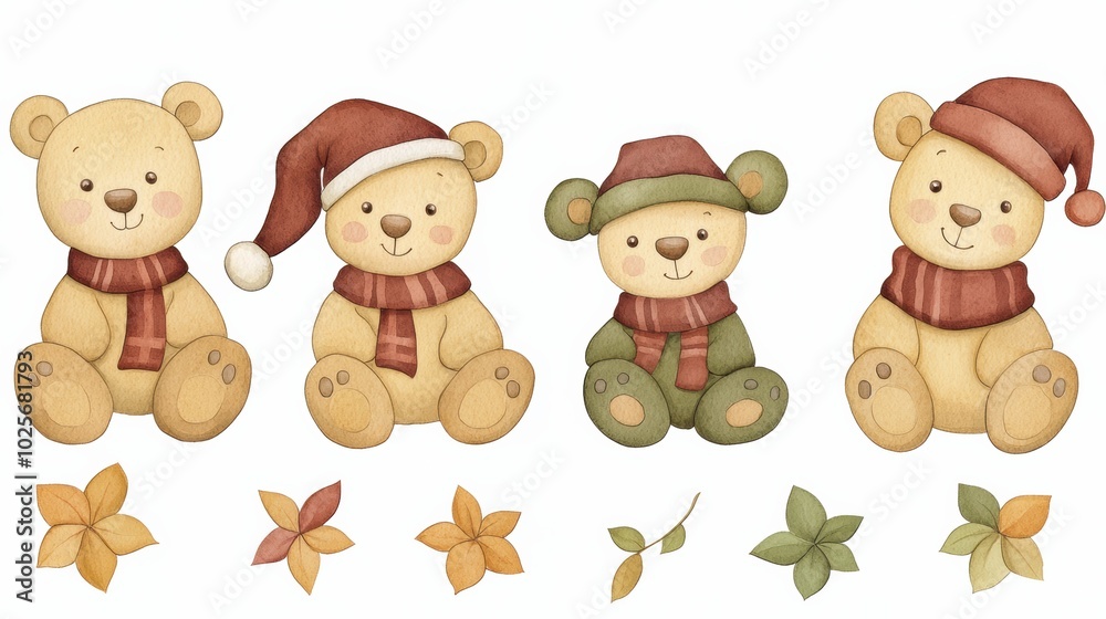 Fototapeta premium Adorable Bears in Winter Hats and Scarves