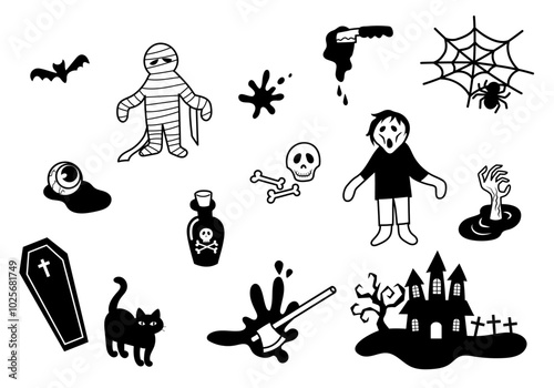かわいいホラー系ベクターイラストレーションの線画のセット