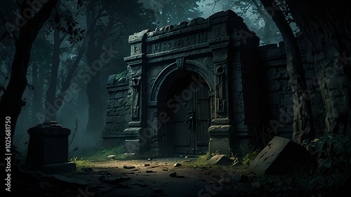 Ancient Crypt Hidden in a Shadowy Forest with Haunting Ghouls and Dark Architecture photo