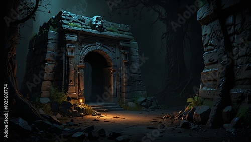 Ancient Crypt Hidden in a Shadowy Forest with Haunting Ghouls and Dark Architecture photo