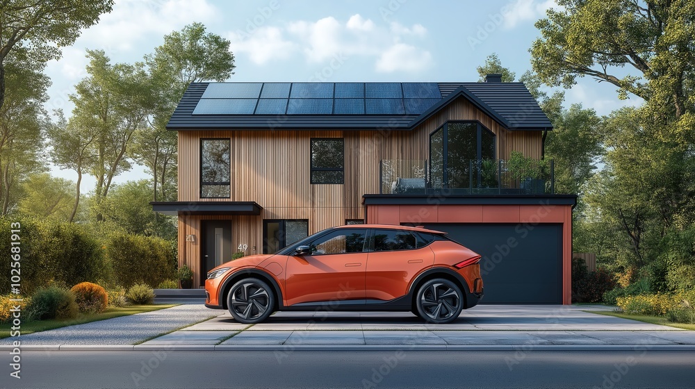 Fototapeta premium A beautiful villa with an electric car parked at the entrance and solar panels on the roof, promoting a sustainable lifestyle for young families. The concept of green energy and future sustainable