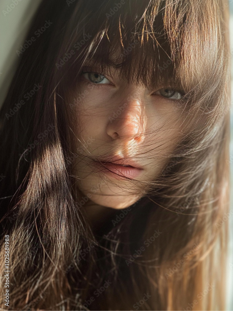 selfie of a woman with long, straight brown hair, bangs, and fringe, shot in a bright room. The woman appears sad and lonely. selfie of a woman with long, straight brown hair, bangs, and fringe, shot in a bright room. The woman appears sad and lonely.
