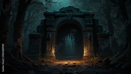 Ancient Crypt Hidden in a Shadowy Forest with Haunting Ghouls and Dark Architecture photo