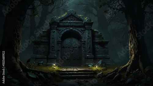 Ancient Crypt Hidden in a Shadowy Forest with Haunting Ghouls and Dark Architecture photo