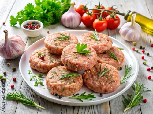 Uncooked Barbecue Turkey Patties on White Plate for Food Photography