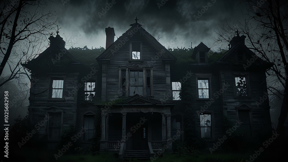 Haunted House with Ghostly Silhouettes – A Spooky Scene of Paranormal Mystery Haunted House with Ghostly Silhouettes – A Spooky Scene of Paranormal Mystery