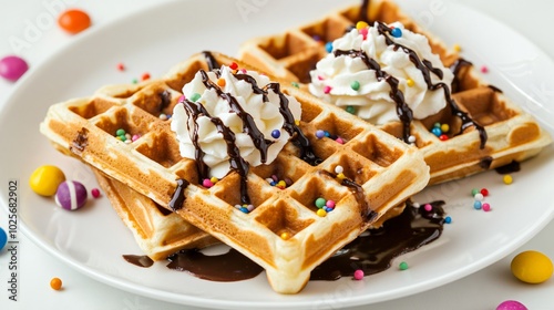 Waffles with melted chocolate and sprinkles, isolated on a white plate background with decorative whipped cream and candy pieces