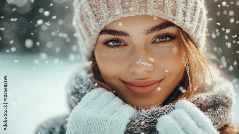 A woman wearing a white hat and a black and gray coat is smiling in the snow A woman wearing a white hat and a black and gray coat is smiling in the snow