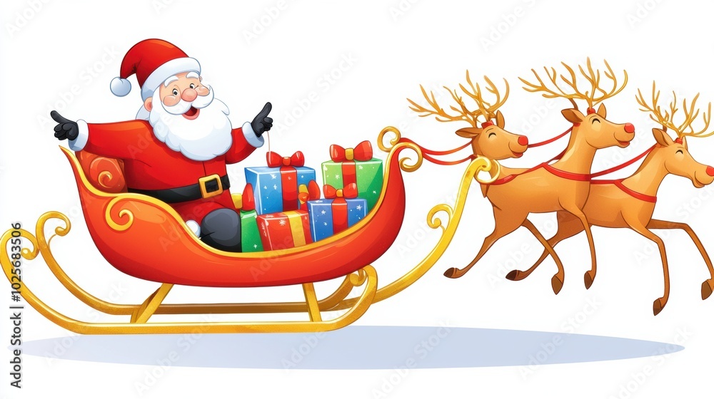 Fototapeta premium Cheerful Santa with Sleigh and Reindeer Delivering Gifts