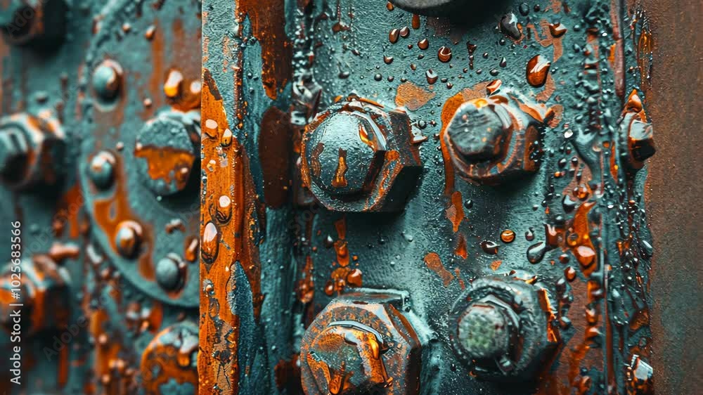 Rusty bolts on a metal structure covered in water droplets