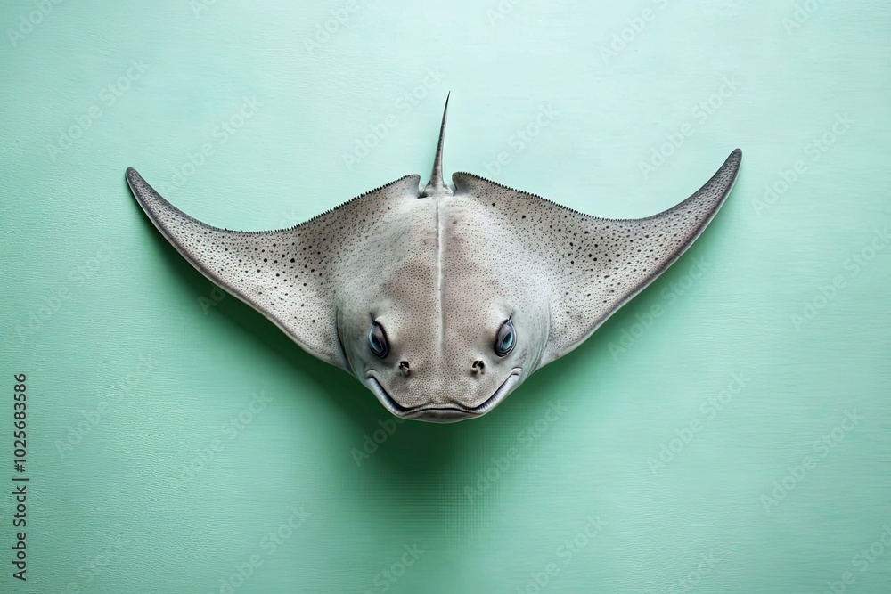 Fototapeta premium A Grey Stingray with Blue Eyes on a Mint Green Background