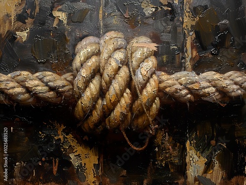 Close-Up of a Nautical Rope Knot - A Detailed Oil Painting