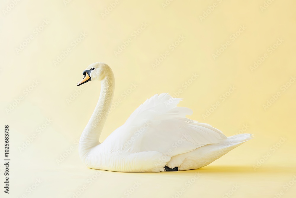White swan resting on a yellow background White swan resting on a yellow background