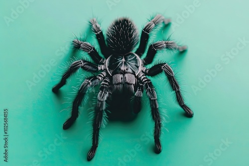 A Black Tarantula Spider on a Teal Background photo