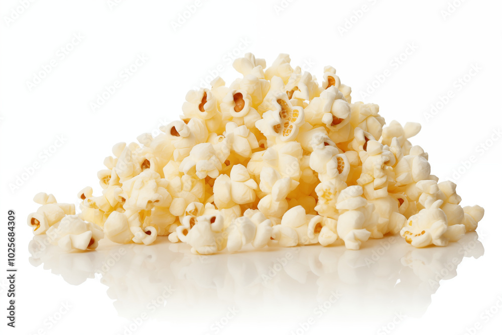 A close-up shot of freshly popped popcorn, each kernel perfectly golden and fluffy, scattered artistically on a pristine white background. A close-up shot of freshly popped popcorn, each kernel perfectly golden and fluffy, scattered artistically on a pristine white background.