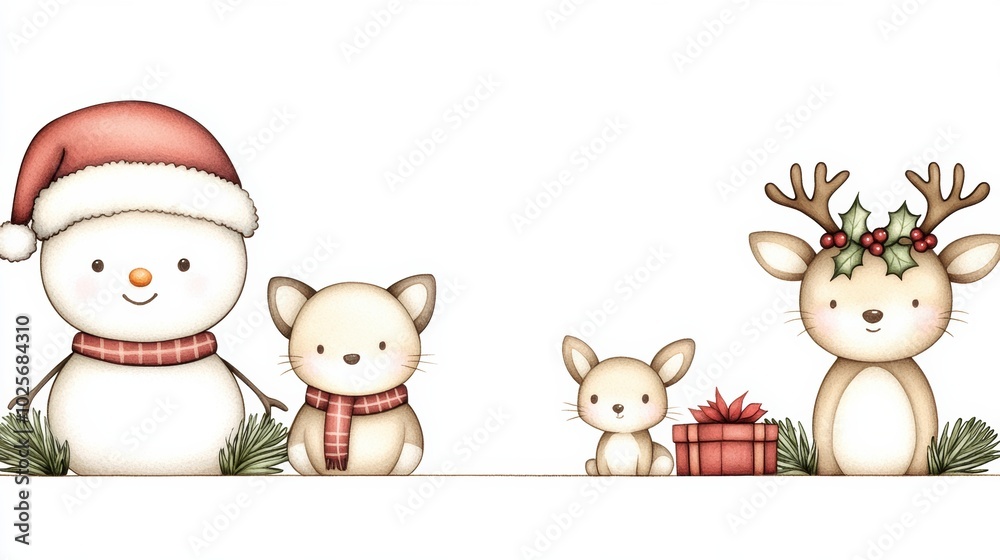 Cute Cartoon Christmas Characters with Snowman and Animals Cute Cartoon Christmas Characters with Snowman and Animals