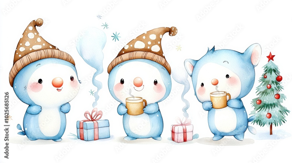 Cute Animals Celebrate Holiday with Gifts and Trees Cute Animals Celebrate Holiday with Gifts and Trees