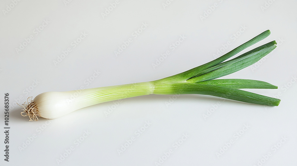 Single green onion with bright stalk on white surface Single green onion with bright stalk on white surface