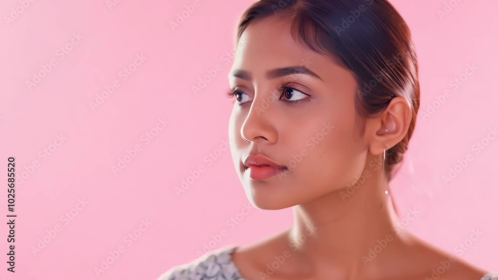 Young woman with thoughtful expression on pastel pink background Young woman with thoughtful expression on pastel pink background