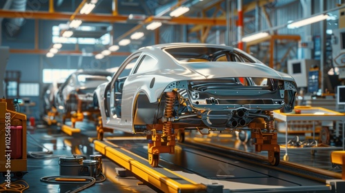 Car Body Shell On Assembly Line In Factory photo